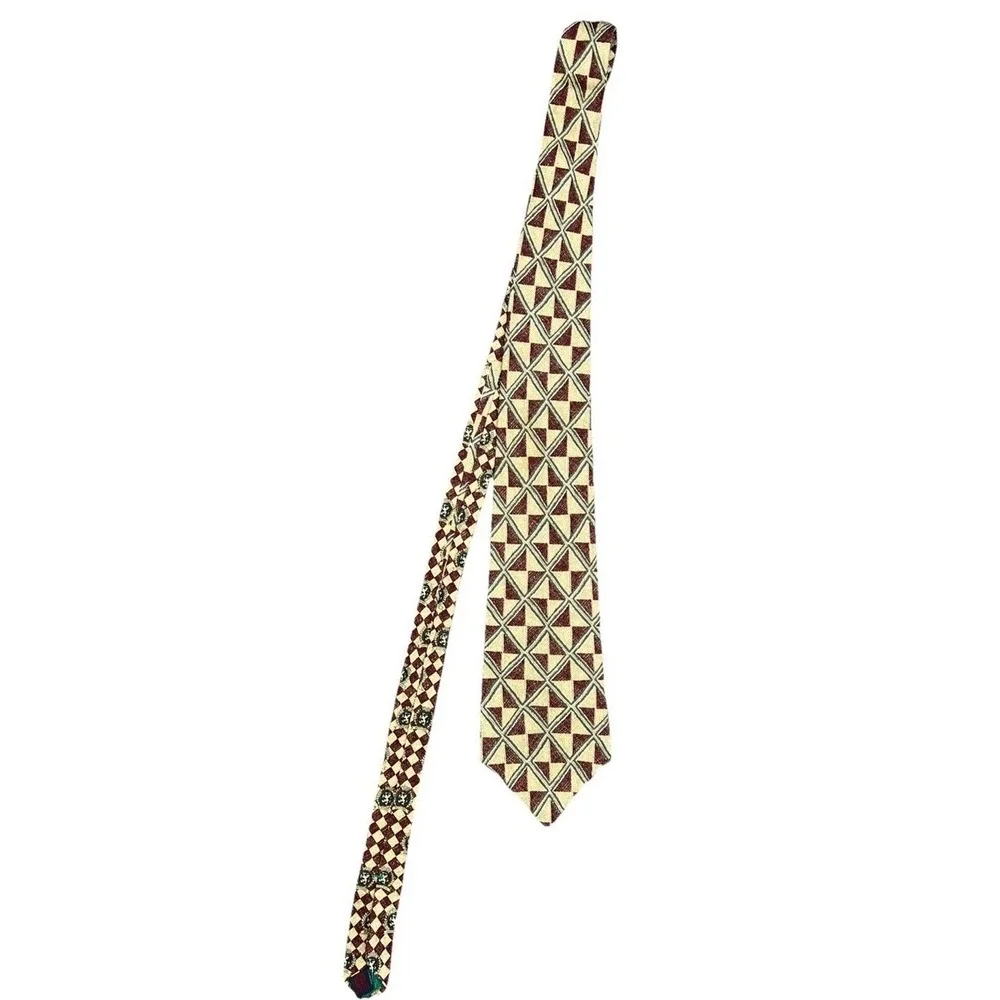 Vintage Tommy Hilfiger Silk Tie Geometric Foulard Burgundy Tan Wide Mens Italy